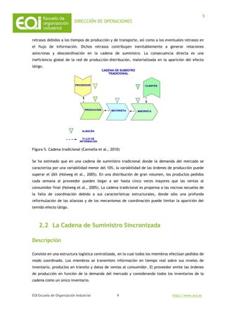 DIRECCIÓN DE OPERACIONES
EOI Escuela de Organización Industrial http://www.eoi.es
9
9
retrasos debidos a los tiempos de producción y de transporte, así como a los eventuales retrasos en
el flujo de información. Dichos retrasos contribuyen inevitablemente a generar relaciones
asíncronas y descoordinación en la cadena de suministro. La consecuencia directa es una
ineficiencia global de la red de producción-distribución, materializada en la aparición del efecto
látigo.
Figura 5. Cadena tradicional (Cannella et al., 2010)
Se ha estimado que en una cadena de suministro tradicional donde la demanda del mercado se
caracteriza por una variabilidad menor del 10%, la variabilidad de las órdenes de producción puede
superar el 26% (Holweg et al., 2005). En una distribución de gran volumen, los productos pedidos
cada semana al proveedor pueden llegar a ser hasta cinco veces mayores que las ventas al
consumidor final (Holweg et al., 2005). La cadena tradicional es propensa a las nocivas secuelas de
la falta de coordinación debido a sus características estructurales, donde sólo una profunda
reformulación de las alianzas y de los mecanismos de coordinación puede limitar la aparición del
temido efecto látigo.
2.2 La Cadena de Suministro Sincronizada
Descripción
Consiste en una estructura logística centralizada, en la cual todos los miembros efectúan pedidos de
modo coordinado. Los miembros se transmiten información en tiempo real sobre sus niveles de
inventario, productos en tránsito y datos de ventas al consumidor. El proveedor emite las órdenes
de producción en función de la demanda del mercado y considerando todos los inventarios de la
cadena como un único inventario.
MINORISTAMINORISTA
PROVEEDORPROVEEDOR
PRODUCCIONPRODUCCION MAYORISTAMAYORISTA
CLIENTESCLIENTES
ALMACALMACÉÉNN
FLUJO DEFLUJO DE
INFORMACIONINFORMACION
CADENA DE SUMISTROCADENA DE SUMISTRO
TRADICIONALTRADICIONAL
 