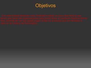 Objetivos       Con este trabajo tenemos como finalidad el saber un poco mas todo lo que tienen que hacer las organizaciones para poder llevar un producto hasta el cliente final, además de ver que papel juegan todas los procesos que son llevados a cabo en la Cadena de Suministros. 