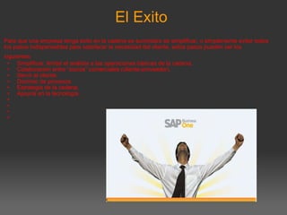 El Exito  Para que una empresa tenga éxito en la cadena se suministro es simplificar, o simplemente evitar todos los pasos indispensables para satisfacer la necesidad del cliente, estos pasos pueden ser los siguientes:       Simplificar; limitar el análisis a las operaciones básicas de la cadena. Colaboración entre “socios” comerciales (cliente-proveedor).  Servir al cliente. Dominio de procesos. Estrategia de la cadena. Apoyos en la tecnología.           
