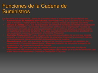Funciones de la Cadena de Suministros Las funciones que componen la Cadena de Suministro interna a una empresa de manufactura son: Administración del Portafolio de Productos y Servicios  (PPS), que es la oferta que la compañía hace al mercado. Toda la Cadena de Suministro se diseña y ejecuta para soportar esta oferta. Servicio a Clientes  (SAC), que es responsable de conectar la necesidad del cliente con la operación interna de la compañía. Los sistemas transaccionales permiten que la organización visualice los compromisos derivados de las órdenes procesadas, pero en términos simples, si existe inventario para satisfacer la demanda del cliente, SAC, pasa sus instrucciones directamente a Distribución; si hay que producir, pasa sus instrucciones a Control de Producción. Control de Producción  (CP), que, derivado de las políticas particulares de servicio que tenga la compañía y de la Administración de la Demanda, se encarga de programar la producción interna y, como consecuencia, dispara la actividad de Abastecimiento de insumos. Abastecimiento  (Aba), que se encarga de proveer los insumos necesarios para satisfacer las necesidades de Producción (Materia prima y Materiales) cuidando los tiempos de entrega de los proveedores y los niveles de inventario de insumos. Distribución  (Dis), que se encarga de custodiar insumos y producto terminado (en algunas organizaciones solo producto terminado), hacerlo llegar a los Clientes y/o a su red de distribución, que puede incluir otros almacenes ó Centros de Distribución (CDs) ó no. 
