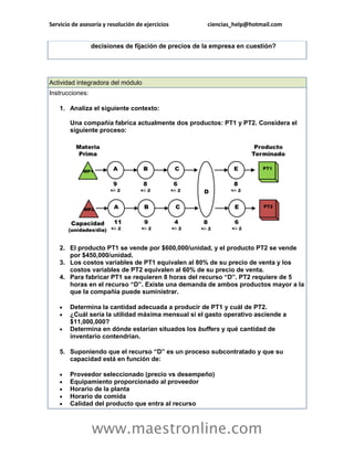 Servicio de asesoría y resolución de ejercicios       ciencias_help@hotmail.com


                 decisiones de fijación de precios de la empresa en cuestión?




Actividad integradora del módulo
Instrucciones:

    1. Analiza el siguiente contexto:

        Una compañía fabrica actualmente dos productos: PT1 y PT2. Considera el
        siguiente proceso:




    2. El producto PT1 se vende por $600,000/unidad, y el producto PT2 se vende
       por $450,000/unidad.
    3. Los costos variables de PT1 equivalen al 80% de su precio de venta y los
       costos variables de PT2 equivalen al 60% de su precio de venta.
    4. Para fabricar PT1 se requieren 8 horas del recurso “D”. PT2 requiere de 5
       horas en el recurso “D”. Existe una demanda de ambos productos mayor a la
       que la compañía puede suministrar.

       Determina la cantidad adecuada a producir de PT1 y cuál de PT2.
       ¿Cuál sería la utilidad máxima mensual si el gasto operativo asciende a
        $11,000,000?
       Determina en dónde estarían situados los buffers y qué cantidad de
        inventario contendrían.

    5. Suponiendo que el recurso “D” es un proceso subcontratado y que su
       capacidad está en función de:

       Proveedor seleccionado (precio vs desempeño)
       Equipamiento proporcionado al proveedor
       Horario de la planta
       Horario de comida
       Calidad del producto que entra al recurso



                 www.maestronline.com
 