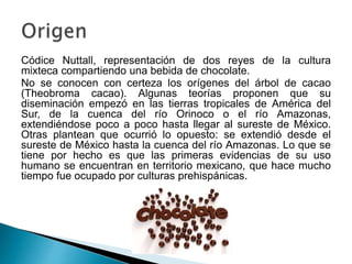 Códice Nuttall, representación de dos reyes de la cultura 
mixteca compartiendo una bebida de chocolate. 
No se conocen con certeza los orígenes del árbol de cacao 
(Theobroma cacao). Algunas teorías proponen que su 
diseminación empezó en las tierras tropicales de América del 
Sur, de la cuenca del río Orinoco o el río Amazonas, 
extendiéndose poco a poco hasta llegar al sureste de México. 
Otras plantean que ocurrió lo opuesto: se extendió desde el 
sureste de México hasta la cuenca del río Amazonas. Lo que se 
tiene por hecho es que las primeras evidencias de su uso 
humano se encuentran en territorio mexicano, que hace mucho 
tiempo fue ocupado por culturas prehispánicas. 
 