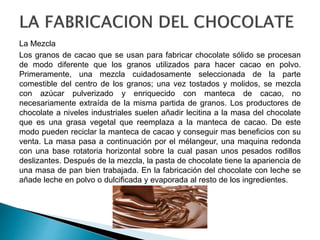 La Mezcla 
Los granos de cacao que se usan para fabricar chocolate sólido se procesan 
de modo diferente que los granos utilizados para hacer cacao en polvo. 
Primeramente, una mezcla cuidadosamente seleccionada de la parte 
comestible del centro de los granos; una vez tostados y molidos, se mezcla 
con azúcar pulverizado y enriquecido con manteca de cacao, no 
necesariamente extraída de la misma partida de granos. Los productores de 
chocolate a niveles industriales suelen añadir lecitina a la masa del chocolate 
que es una grasa vegetal que reemplaza a la manteca de cacao. De este 
modo pueden reciclar la manteca de cacao y conseguir mas beneficios con su 
venta. La masa pasa a continuación por el mélangeur, una maquina redonda 
con una base rotatoria horizontal sobre la cual pasan unos pesados rodillos 
deslizantes. Después de la mezcla, la pasta de chocolate tiene la apariencia de 
una masa de pan bien trabajada. En la fabricación del chocolate con leche se 
añade leche en polvo o dulcificada y evaporada al resto de los ingredientes. 
 
