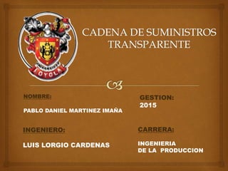 NOMBRE:
PABLO DANIEL MARTINEZ IMAÑA
INGENIERO:
LUIS LORGIO CARDENAS
GESTION:
2015
CARRERA:
INGENIERIA
DE LA PRODUCCION
 
