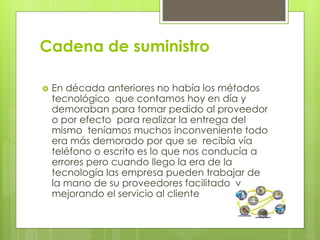 Cadena de suministro
 En década anteriores no había los métodos
tecnológico que contamos hoy en día y
demoraban para tomar pedido al proveedor
o por efecto para realizar la entrega del
mismo teníamos muchos inconveniente todo
era más demorado por que se recibía vía
teléfono o escrito es lo que nos conducía a
errores pero cuando llego la era de la
tecnología las empresa pueden trabajar de
la mano de su proveedores facilitado y
mejorando el servicio al cliente
 