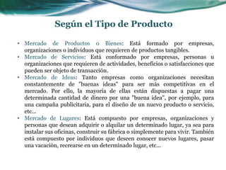 • Mercado de Productos o Bienes: Está formado por empresas,
organizaciones o individuos que requieren de productos tangibles.
• Mercado de Servicios: Está conformado por empresas, personas u
organizaciones que requieren de actividades, beneficios o satisfacciones que
pueden ser objeto de transacción.
• Mercado de Ideas: Tanto empresas como organizaciones necesitan
constantemente de "buenas ideas" para ser más competitivas en el
mercado. Por ello, la mayoría de ellas están dispuestas a pagar una
determinada cantidad de dinero por una "buena idea", por ejemplo, para
una campaña publicitaria, para el diseño de un nuevo producto o servicio,
etc...
• Mercado de Lugares: Está compuesto por empresas, organizaciones y
personas que desean adquirir o alquilar un determinado lugar, ya sea para
instalar sus oficinas, construir su fábrica o simplemente para vivir. También
está compuesto por individuos que deseen conocer nuevos lugares, pasar
una vacación, recrearse en un determinado lugar, etc...
Según el Tipo de Producto
 