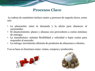 Procesos Clave
La cadena de suministro incluye cuatro 4 procesos de negocio claves, como
son:
• La planeación: entre la demanda y la oferta para abastecer al
consumidor.
• El abastecimiento: planes y alianzas con proveedores a costos mínimos
de entregas.
• La manufactura: máxima flexibilidad y velocidad a bajos costos para
responder al mercado.
• La entrega: movimiento eficiente de productos de almacenes a clientes.
Y no se basa en funciones como: ventas, compras y producción.
 