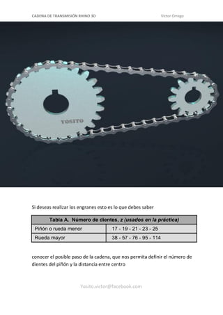 CADENA DE TRANSMISIÓN RHINO 3D Víctor Orrego
Si deseas realizar los engranes esto es lo que debes saber
Tabla A. Número de dientes, z (usados en la práctica)
Piñón o rueda menor 17 - 19 - 21 - 23 - 25
Rueda mayor 38 - 57 - 76 - 95 - 114
conocer el posible paso de la cadena, que nos permita definir el número de
dientes del piñón y la distancia entre centro
Yosito.victor@facebook.com
 
