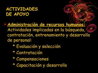 ACTIVIDADES
 DE APOYO

 Administración de recursos humanos:
  Actividades implicadas en la búsqueda,
  contratación, entrenamiento y desarrollo
  de personal:
    * Evaluación y selección
    * Contratación
    * Compensaciones
    * Capacitación y desarrollo
 