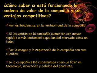 ¿Cómo saber si está funcionando la
cadena de valor de la compañía y sus
ventajas competitivas?

 Por las tendencias en la rentabilidad de la compañía

 Si las ventas de la compañía aumentan con mayor
 rapidez o más lentamente que las del mercado como un
 todo.

 Por la imagen y la reputación de la compañía con sus
 clientes

 Si la compañía está considerada como un líder en
 tecnología, innovación y calidad del producto.
 