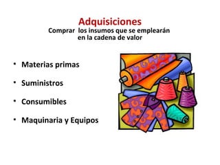 Adquisiciones
Comprar los insumos que se emplearán
en la cadena de valor
• Materias primas
• Suministros
• Consumibles
• Maquinaria y Equipos
 