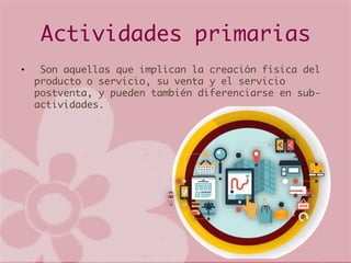 Actividades primarias
•   Son aquellas que implican la creación física del
producto o servicio, su venta y el servicio
postventa, y pueden también diferenciarse en sub-
actividades.
 