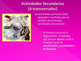 Las actividades primarias están
   apoyadas o auxiliadas por las
   también denominadas
   'actividades secundarias':


        Infraestructura de la
        organización: actividades
        que prestan apoyo a toda la
        empresa, como la
        planificación, contabilidad y
        las finanzas.
 