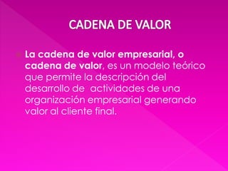    La cadena de valor empresarial, o
    cadena de valor, es un modelo teórico
    que permite la descripción del
    desarrollo de actividades de una
    organización empresarial generando
    valor al cliente final.
 