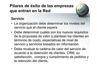Pilares de éxito de las empresas
que entran en la Red
Servicio
• La organización debe determinar los niveles del
servicio que el cliente espera
• Debe determinar cuales son los nuevos requisitos• Debe determinar cuales son los nuevos requisitos
de la propuesta de valor q plantean los clientes en
términos de costo, expectativas de nivel de
servicio y servicios basados en información.
• Debe revaluar la cadena de valor del servicio de
acuerdo a la obtención de clientes, CRM, su
satisfacción, compra y cumplimiento de pedidos y
la retención del cliente. 13
 