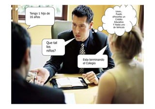 Tengo 1 hijo de
16 años
Umm..
Puedo
ofrecerles un
Crédito
Educativo
Y Hasta uno
de Vehiculo
Que tal
los
niños?
Esta terminando
el Colegio
 