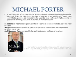 MICHAEL PORTER
• Cada empresa es un conjunto de actividades que se desempeñan para diseñar,
producir, llevar al mercado, e...