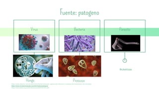 Fuente: patogeno
Virus Bacteria Parasito
Rickettsias
Hongo Protozoo
https://www.elsevier.com/es-es/connect/enfermeria/edu-cadena-de-infeccion-y-metodos-de-transmision-de-microbios
https://www.fundacionaquae.org/wiki/triada-ecologica/
https://www.paho.org/col/dmdocuments/MOPECE2.pdf
 