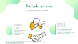 Método de transmisión
CONTACTO
DIRECTO:
Transferencia directa
entre huésped
infectado y huésped
susceptible.
01 02
CONTACTO
INDIRECTO:
El agente infeccioso entra en
contacto con un huésped
susceptible a través de un objeto
intermediario, puede ser:
el patógeno es transmitido a otro huésped.
https://www.elsevier.com/es-es/connect/enfermeria/edu-cadena-de-infeccion-y-metodos-de-transmision-de-microbios
https://www.fundacionaquae.org/wiki/triada-ecologica/
https://www.paho.org/col/dmdocuments/MOPECE2.pdf
 