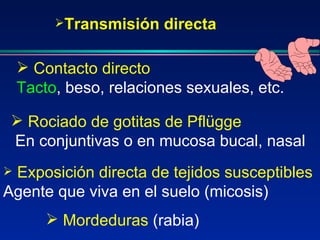  Exposición directa de tejidos susceptibles
Agente que viva en el suelo (micosis)
Transmisión directa
 Contacto directo
Tacto, beso, relaciones sexuales, etc.
 Rociado de gotitas de Pflügge
En conjuntivas o en mucosa bucal, nasal
 Mordeduras (rabia)
 
