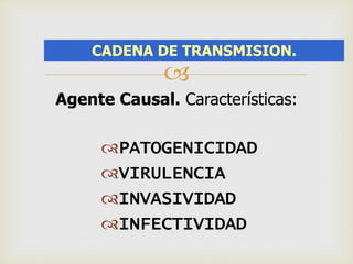 CADENA DE TRANSMISION. 
 
Agente Causal. Características: 
PATOGENICIDAD 
VIRULENCIA 
INVASIVIDAD 
INFECTIVIDAD 
 