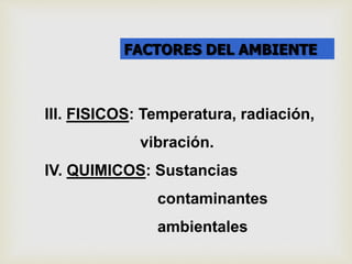 FACTORES DEL AMBIENTE 
III. FISICOS: Temperatura, radiación, 
vibración. 
IV. QUIMICOS: Sustancias 
contaminantes 
ambientales 
 