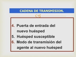 CADENA DE TRANSMISION. 
 
4. Puerta de entrada del 
nuevo huésped 
5. Huésped susceptible 
6. Modo de transmisión del 
agente al nuevo huésped 
 