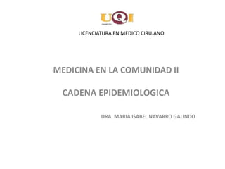LICENCIATURA EN MEDICO CIRUJANO
MEDICINA EN LA COMUNIDAD II
CADENA EPIDEMIOLOGICA
DRA. MARIA ISABEL NAVARRO GALINDO
 