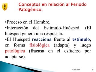 20/04/2014 21
•Proceso en el Hombre.
•Interacción del Estímulo-Huésped. (El
huésped genera una respuesta.
•El Huésped reacciona frente al estímulo,
en forma fisiológica (adapta) y luego
patológica (fracasa en el esfuerzo por
adaptarse).
 