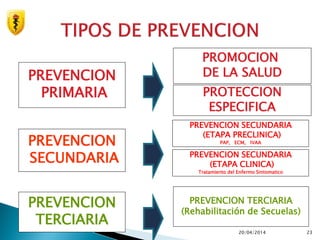 20/04/2014 23
PREVENCION
PRIMARIA
PREVENCION
SECUNDARIA
PREVENCION TERCIARIA
(Rehabilitación de Secuelas)
PROTECCION
ESPECIFICA
PROMOCION
DE LA SALUD
PREVENCION
TERCIARIA
PREVENCION SECUNDARIA
(ETAPA PRECLINICA)
PAP, ECM, IVAA
PREVENCION SECUNDARIA
(ETAPA CLINICA)
Tratamiento del Enfermo Sintomatico
 