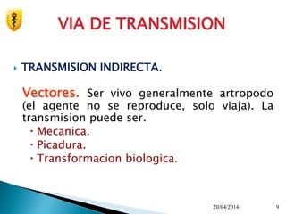  TRANSMISION INDIRECTA.
Vectores. Ser vivo generalmente artropodo
(el agente no se reproduce, solo viaja). La
transmision puede ser.
 Mecanica.
 Picadura.
 Transformacion biologica.
20/04/2014 9
VIA DE TRANSMISION
 