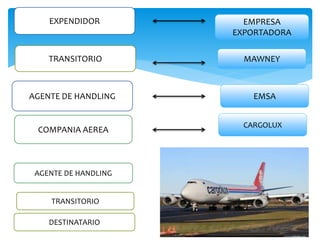 TRANSITORIO
AGENTE DE HANDLING
COMPANIA AEREA
AGENTE DE HANDLING
TRANSITORIO
CARGOLUX
EMSA
MAWNEY
EMPRESA
EXPORTADORA
EXPENDIDOR
DESTINATARIO
 