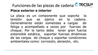 Funcionesde las piezas de cadena
Placa exterior e interior
La placa es un componente que soporta la
tensión que se ejerce en la cadena.
Generalmente están sometidas a cargas de
fatiga y acompañado a veces por fuerzas de
choque. Por lo tanto debe tener gran fuerza
extensible estática, soportar fuerzas dinámicas
de las cargas de choque y soportar condiciones
ambientales como: corrosión, abrasión, etc.
 