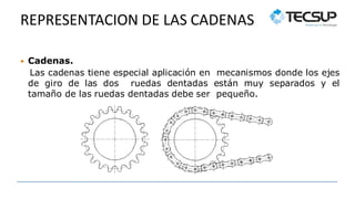 REPRESENTACION DE LAS CADENAS
 Cadenas.
Las cadenas tiene especial aplicación en mecanismos donde los ejes
de giro de las dos ruedas dentadas están muy separados y el
tamaño de las ruedas dentadas debe ser pequeño.
 