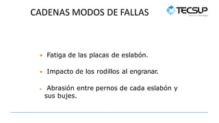 CADENAS MODOS DE FALLAS
 Fatiga de las placas de eslabón.
 Impacto de los rodillos al engranar.
 Abrasión entre pernos de cada eslabón y
sus bujes.
 