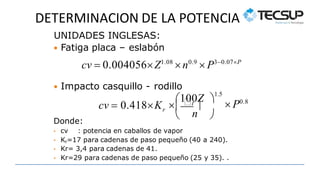 DETERMINACION DE LA POTENCIA
Donde:
• cv : potencia en caballos de vapor
• Kr=17 para cadenas de paso pequeño (40 a 240).
• Kr= 3,4 para cadenas de 41.
• Kr=29 para cadenas de paso pequeño (25 y 35). .
n
r
 P0.8
 
100Z 
1.5
t

cv  0.418K
UNIDADES INGLESAS:
 Fatiga placa – eslabón
cv  0.004056Z1.08
n0.9
 P30.07P
 Impacto casquillo - rodillo
 