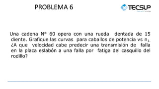 PROBLEMA 6
Una cadena N° 60 opera con una rueda dentada de 15
diente. Grafique las curvas para caballos de potencia vs n1.
¿A que velocidad cabe predecir una transmisión de falla
en la placa eslabón a una falla por fatiga del casquillo del
rodillo?
 