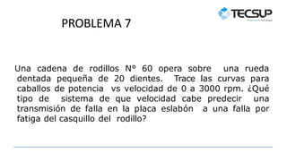 PROBLEMA 7
Una cadena de rodillos N° 60 opera sobre una rueda
dentada pequeña de 20 dientes. Trace las curvas para
caballos de potencia vs velocidad de 0 a 3000 rpm. ¿Qué
tipo de sistema de que velocidad cabe predecir una
transmisión de falla en la placa eslabón a una falla por
fatiga del casquillo del rodillo?
 