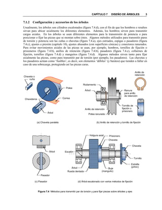 CAPÍTULO 7 DISEÑO DE ÁRBOLES 3
7.1.2 Configuración y accesorios de los árboles
Usualmente, los árboles son cilindros escalonados (figura 7.4.d), con el fin de que los hombros o resaltos
sirvan para ubicar axialmente los diferentes elementos. Además, los hombros sirven para transmitir
cargas axiales. En los árboles se usan diferentes elementos para la transmisión de potencia o para
posicionar o fijar las piezas que se montan sobre éstos. Algunos métodos utilizados para transmitir pares
de torsión y potencia son las cuñas o chavetas (figura 7.4.a), ejes estriados, espigas o pasadores (figura
7.4.c), ajustes a presión (capítulo 10), ajustes ahusados (con superficies cónicas) y conectores ranurados.
Para evitar movimientos axiales de las piezas se usan, por ejemplo, hombros, tornillos de fijación o
prisioneros (figura 7.4.b), anillos de retención (figura 7.4.b), pasadores (figura 7.4.c), collarines de
fijación, tornillos (figura 7.4.d) y manguitos (figura 7.4.d). Algunos métodos sirven tanto para fijar
axialmente las piezas, como para transmitir par de torsión (por ejemplo, los pasadores). Las chavetas y
los pasadores actúan como „fusibles‟, es decir, son elementos „débiles‟ (y baratos) que tienden a fallar en
caso de una sobrecarga, protegiendo así las piezas caras.
Figura 7.4 Métodos para transmitir par de torsión y para fijar piezas sobre árboles y ejes
Prisionero
Estrella
(piñón)Árbol
Chaveta
Buje
(manguito)
Chaveta
Rueda dentada
Escalón
Holgura axial
D
(a) Chaveta paralela (b) Anillo de retención y tornillo de fijación
Polea
CorreaChaveteros
Chaveta o
cuña
Árbol
Árbol
Rodamiento
Anillo de retención
Polea ranurada
Tornillo de
fijación o
prisionero
Anillo de
retención
Ranura
para anillo
de retención
(c) Pasador (d) Árbol escalonado con varios métodos de fijación
Pasador
Árbol
Tornillo
 