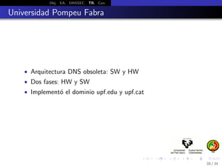 Obj. EA. DNSSEC. TR. Con.
Universidad Pompeu Fabra
• Arquitectura DNS obsoleta: SW y HW
• Dos fases: HW y SW
• Implement´o el dominio upf.edu y upf.cat
28 / 34
 