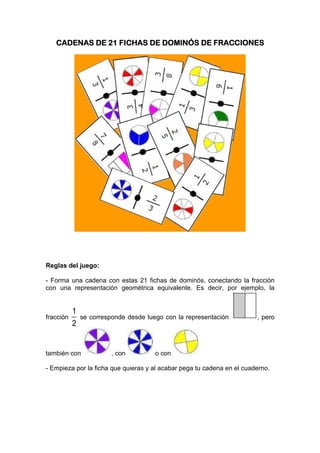 CADENAS DECADENAS DECADENAS DECADENAS DE 21 FICHAS DE21 FICHAS DE21 FICHAS DE21 FICHAS DE DOMINÓS DE FRACCIONESDOMINÓS DE FRACCIONESDOMINÓS DE FRACCIONESDOMINÓS DE FRACCIONES
Reglas del juego:
- Forma una cadena con estas 21 fichas de dominós, conectando la fracción
con una representación geométrica equivalente. Es decir, por ejemplo, la
fracción
1
2
se corresponde desde luego con la representación , pero
también con , con o con
- Empieza por la ficha que quieras y al acabar pega tu cadena en el cuaderno.
 