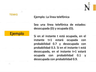 TEMAS
Ejemplo
Ejemplo: La línea telefónica
Sea una línea telefónica de estados:
desocupada (D) y ocupada (O).
Si en el instante t está ocupada, en el
instante t+1 estará ocupada con
probabilidad 0.7 y desocupada con
probabilidad 0.3. Si en el instante t está
desocupada, en el instante t+1 estará
ocupada con probabilidad 0.1 y
desocupada con probabilidad 0.9.
 