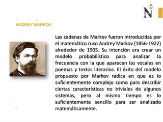 Las cadenas de Markov fueron introducidas por
el matemático ruso Andrey Markov (1856-1922)
alrededor de 1905. Su intención era crear un
modelo probabilístico para analizar la
frecuencia con la que aparecen las vocales en
poemas y textos literarios. El éxito del modelo
propuesto por Markov radica en que es lo
suficientemente complejo como para describir
ciertas características no triviales de algunos
sistemas, pero al mismo tiempo es lo
suficientemente sencillo para ser analizado
matemáticamente.
ANDREY MARKOV
 