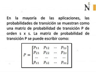 En la mayoría de las aplicaciones, las
probabilidades de transición se muestran como
una matriz de probabilidad de transición P de
orden s x s. La matriz de probabilidad de
transición P se puede escribir como:
 