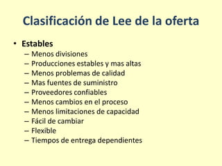 Clasificación de Lee de la oferta
• Estables
– Menos divisiones
– Producciones estables y mas altas
– Menos problemas de calidad
– Mas fuentes de suministro
– Proveedores confiables
– Menos cambios en el proceso
– Menos limitaciones de capacidad
– Fácil de cambiar
– Flexible
– Tiempos de entrega dependientes
 