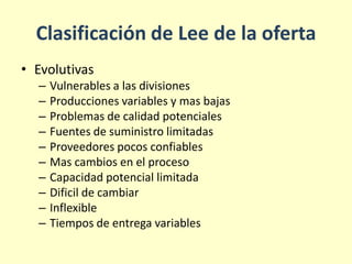 Clasificación de Lee de la oferta
• Evolutivas
– Vulnerables a las divisiones
– Producciones variables y mas bajas
– Problemas de calidad potenciales
– Fuentes de suministro limitadas
– Proveedores pocos confiables
– Mas cambios en el proceso
– Capacidad potencial limitada
– Dificil de cambiar
– Inflexible
– Tiempos de entrega variables
 