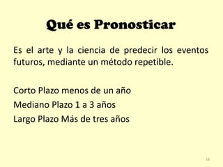 Qué es Pronosticar
Es el arte y la ciencia de predecir los eventos
futuros, mediante un método repetible.
Corto Plazo menos de un año
Mediano Plazo 1 a 3 años
Largo Plazo Más de tres años
58
 