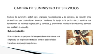 CADENA DE SUMINISTRO DE SERVICIOS
• Cadena de suministro global para empresas manufactureras y de servicios. La relación entre
proveedores que proporcionan insumos, funciones de apoyo a la producción y servicios que
transforman los insumos en productos y servicios, y proveedores locales de distribución y servicios
que localizan el producto.
Subcontratación:
Una función en la que parte de las operaciones internas de una
empresa y las responsabilidades de toma de decisiones se
transfieren a proveedores externos.
 