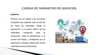 � Término que se refiere a las funciones
de gestión que soportan todo el ciclo de
los flujos de materiales: desde la
adquisición y el control interno de los
materiales necesarios para la
producción, hasta la planificación y el
control del trabajo, y finalizando con la
adquisición, entrega y distribución de los
materiales producto terminado.
CADENA DE SUMINISTRO DE SERVICIOS
Logística:
 