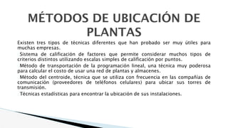 MÉTODOS DE UBICACIÓN DE
PLANTAS
Existen tres tipos de técnicas diferentes que han probado ser muy útiles para
muchas empresas.
�Sistema de calificación de factores que permite considerar muchos tipos de
criterios distintos utilizando escalas simples de calificación por puntos.
�Método de transportación de la programación lineal, una técnica muy poderosa
para calcular el costo de usar una red de plantas y almacenes.
�Método del centroide, técnica que se utiliza con frecuencia en las compañías de
comunicación (proveedores de teléfonos celulares) para ubicar sus torres de
transmisión.
�Técnicas estadísticas para encontrar la ubicación de sus instalaciones.
 